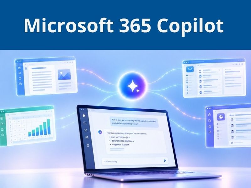Afbeelding van Microsoft 365 Copilot met een laptop en zwevende vensters voor documenten, e-mail, Excel en Teams, verbonden door lichtlijnen op een rustige blauw-paarse achtergrond.