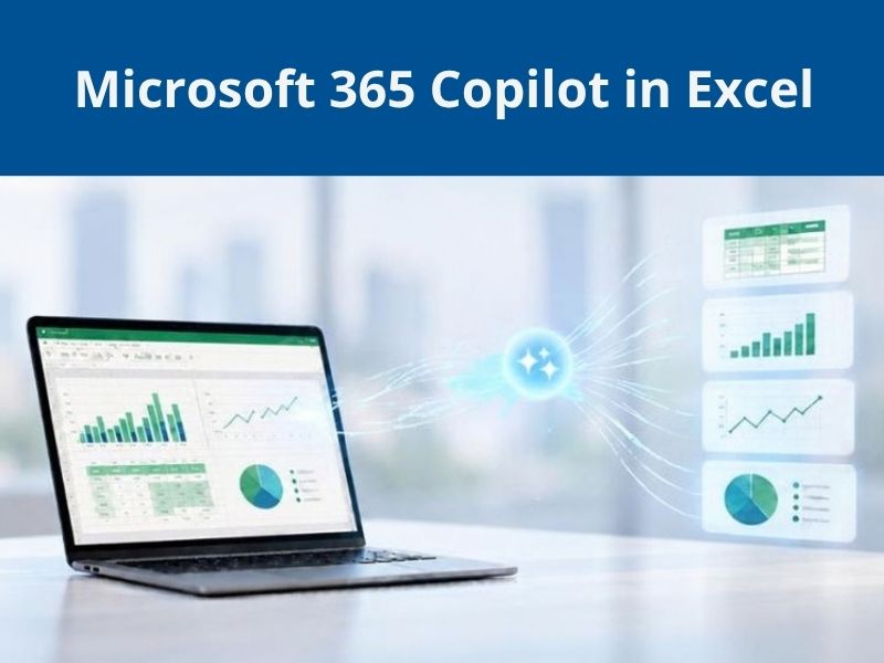 Promotieafbeelding voor de nieuwe training Microsoft 365 Copilot in Excel, met een laptop met Excel en visualisaties van gegevens en grafieken.
