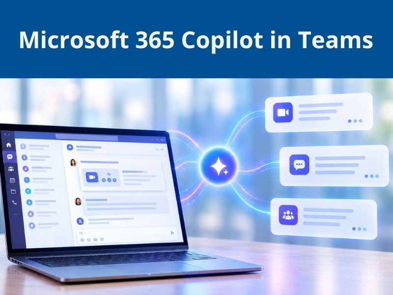 Microsoft 365 Copilot voor Teams Illustratie van Microsoft 365 Copilot in Teams op een laptop, met zwevende vensters voor videogesprekken, chat en samenwerking op een blauw-paarse achtergrond.