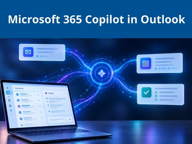 Training Microsoft 365 Copilot in Outlook Promotieafbeelding voor de nieuwe training Microsoft 365 Copilot in Excel, met een laptop met Excel en visualisaties van gegevens en grafieken.